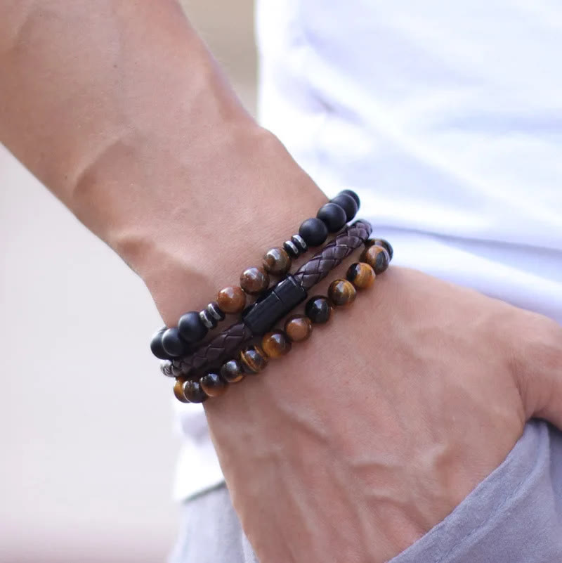 Olivenorma 3Pcs Tiger Eye Stone Leather Bracelet Set - image 2