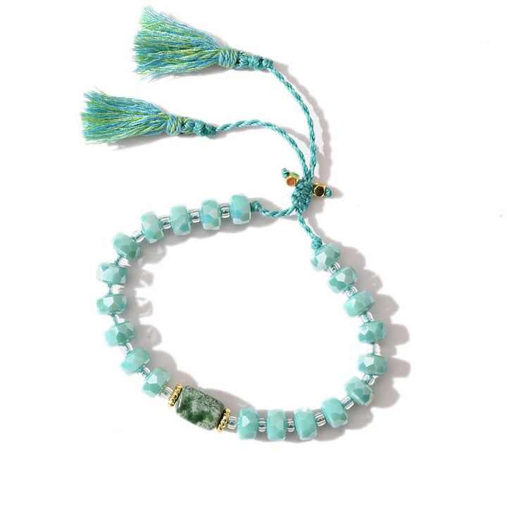 Olivenorma Glitter Boho Style Tassel Gemstone Braided Bracelet - Green Jade + Cyan Glaze - image 15