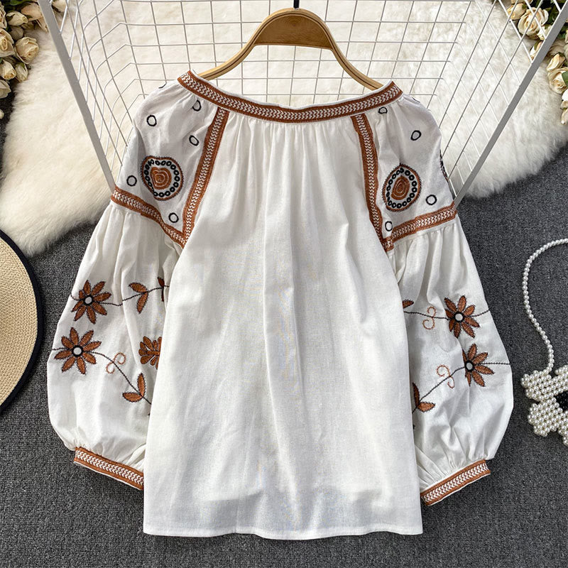 Olivenorma Bohemia Embroidered Lantern Sleeve Women's Shirt - image 4