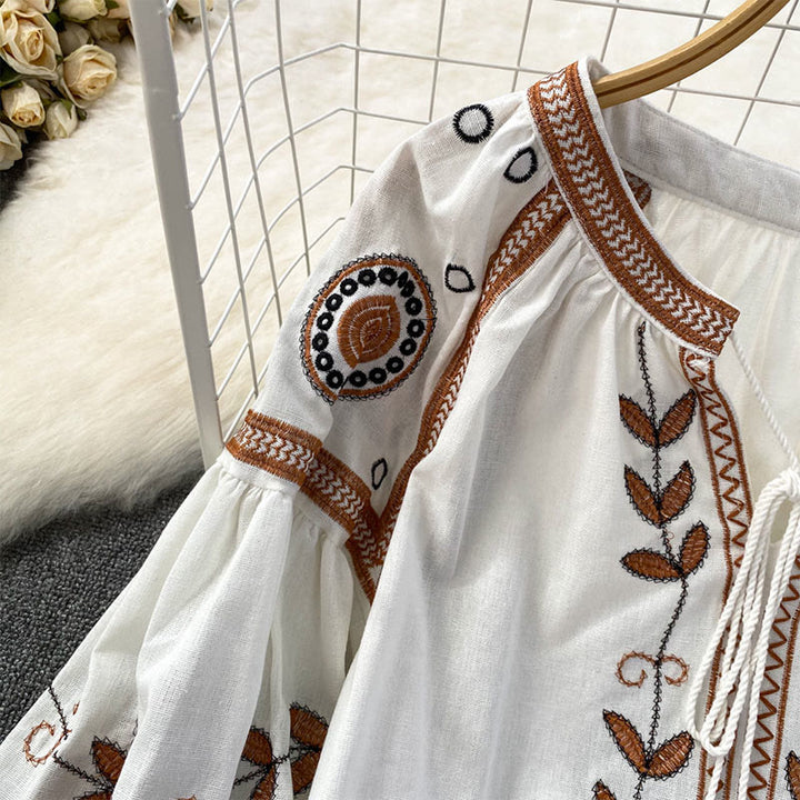 Olivenorma Bohemia Embroidered Lantern Sleeve Women's Shirt - image 7