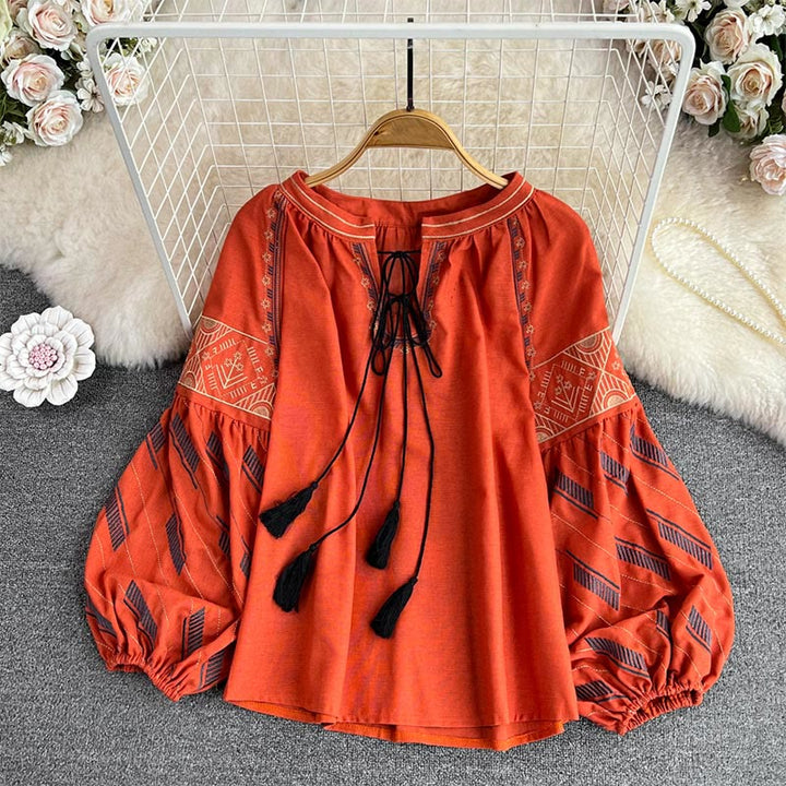 Olivenorma Geometric Totem Embroidery Lantern Sleeve Women's Shirt