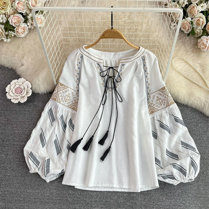 Olivenorma Geometric Totem Embroidery Lantern Sleeve Women's Shirt - White - One Size Fits All - image 0