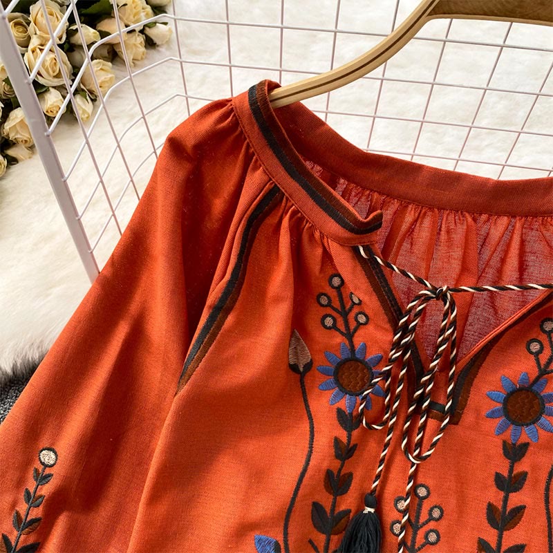 Olivenorma Pastoral Flower Embroidery Lantern Sleeve Women's Shirt - image 14