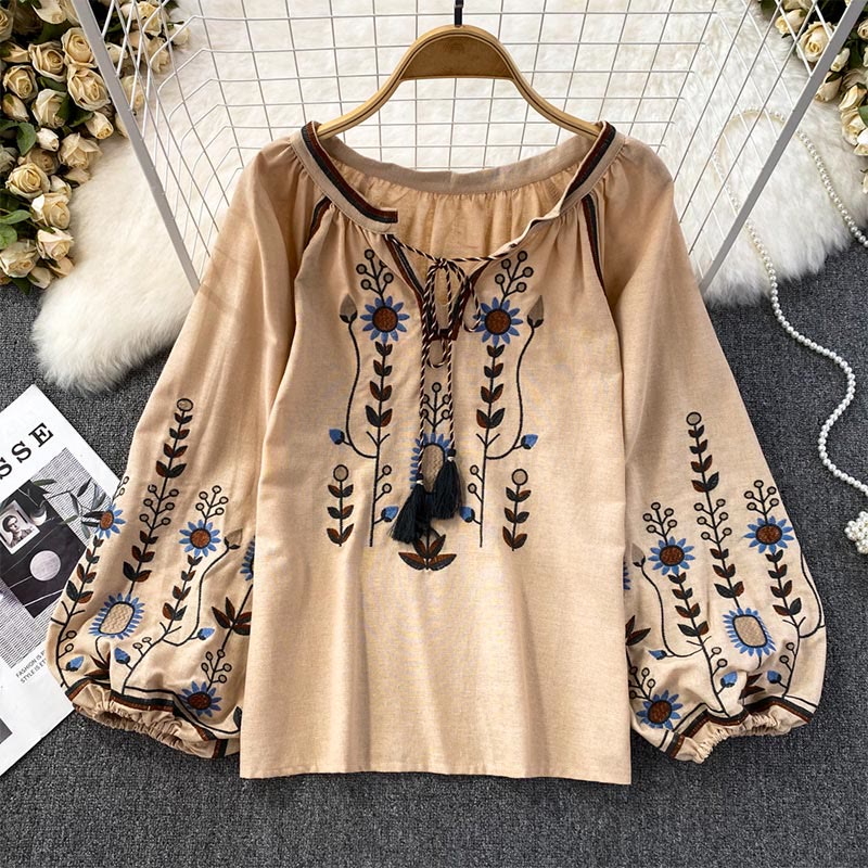 Olivenorma Pastoral Flower Embroidery Lantern Sleeve Women's Shirt - Khaki - One Size Fits All - image 8