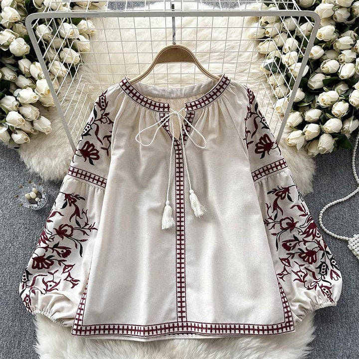 Olivenorma Vintage Floral Embroidery Lantern Sleeve Women's Shirt - Apricot - One Size Fits All - image 4