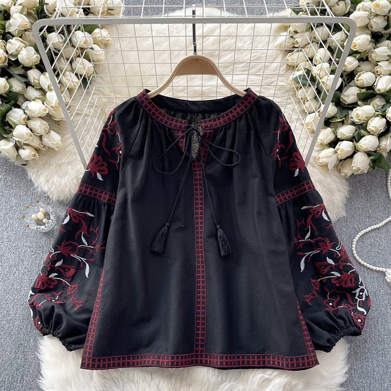 Olivenorma Vintage Floral Embroidery Lantern Sleeve Women's Shirt - Black - One Size Fits All - image 13