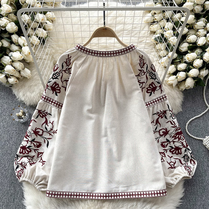 Olivenorma Vintage Floral Embroidery Lantern Sleeve Women's Shirt - image 5