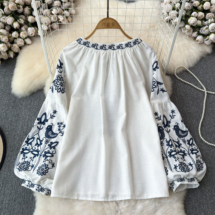 Olivenorma Flower Bird Embroidery Lantern Sleeve Women's Shirt
