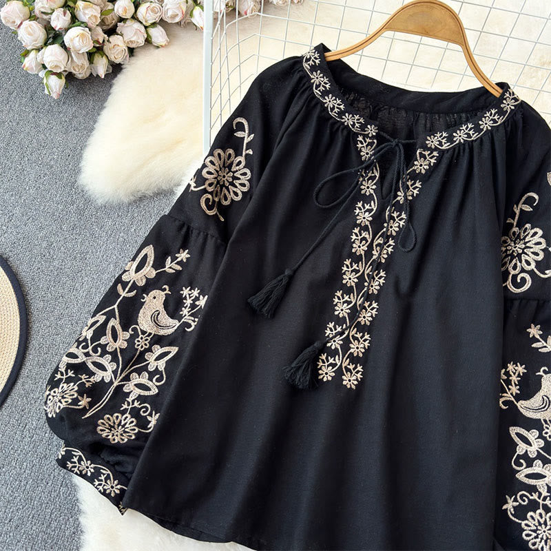 Olivenorma Flower Bird Embroidery Lantern Sleeve Women's Shirt - image 7