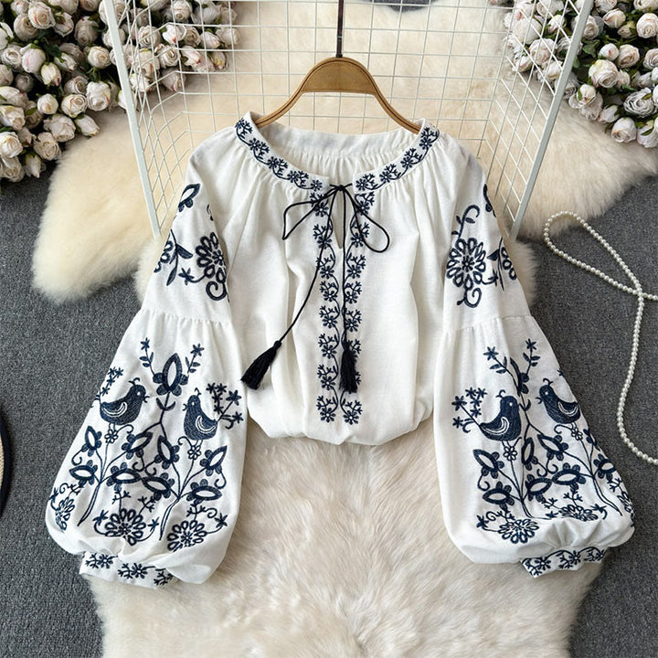 Olivenorma Flower Bird Embroidery Lantern Sleeve Women's Shirt