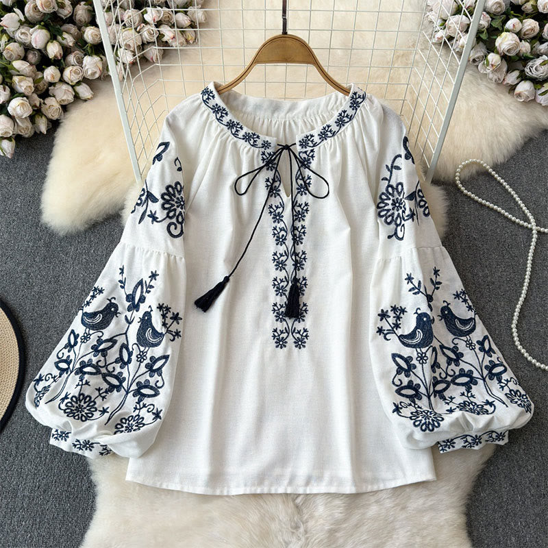 Olivenorma Flower Bird Embroidery Lantern Sleeve Women's Shirt - White - One Size Fits All - image 0
