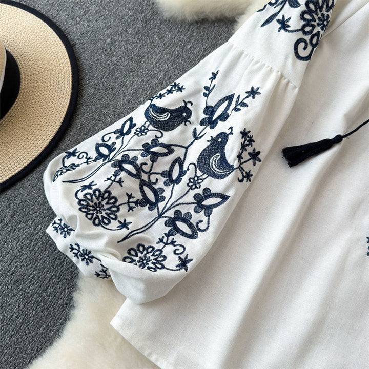 Olivenorma Flower Bird Embroidery Lantern Sleeve Women's Shirt