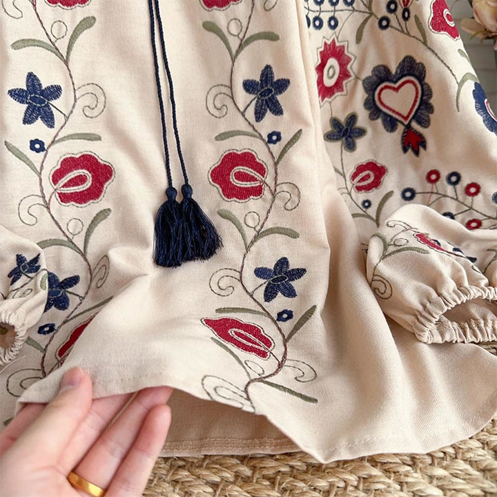 Olivenorma Sweet Retro Embroidery Lantern Sleeve Women's Shirt