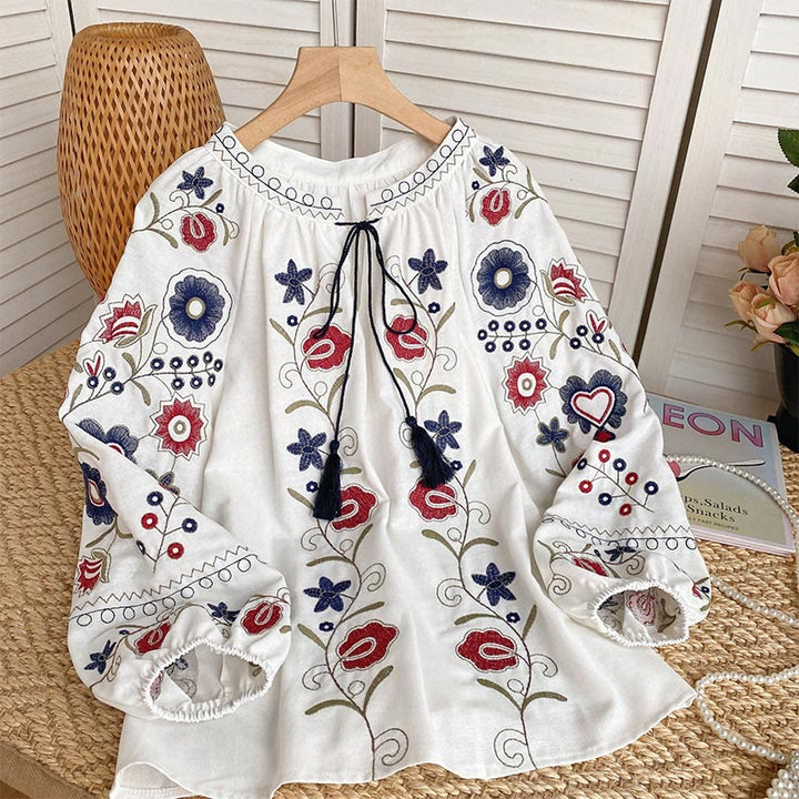 Olivenorma Sweet Retro Embroidery Lantern Sleeve Women's Shirt
