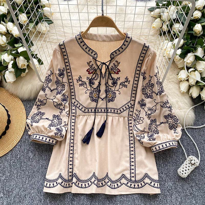 Olivenorma Boho Holiday Embroidery Lantern Sleeve Women's Shirt