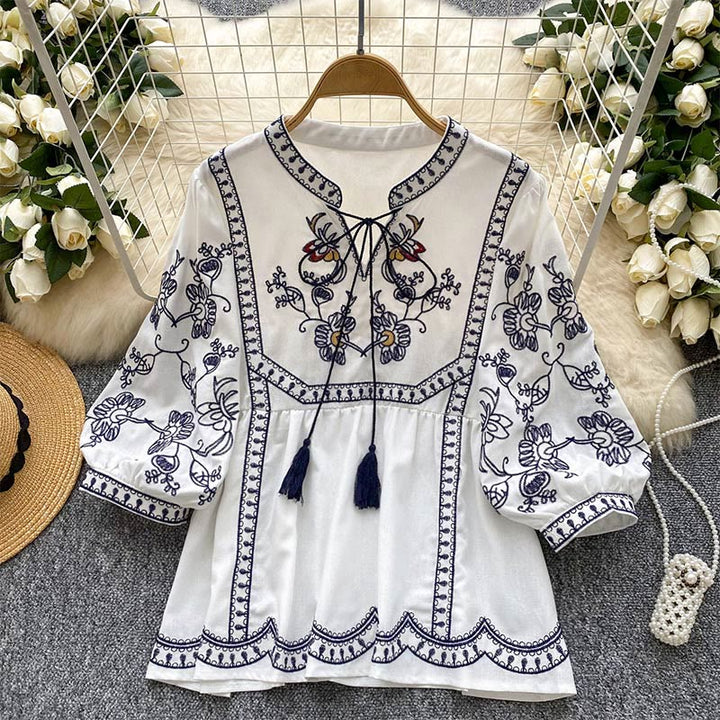 Olivenorma Boho Holiday Embroidery Lantern Sleeve Women's Shirt