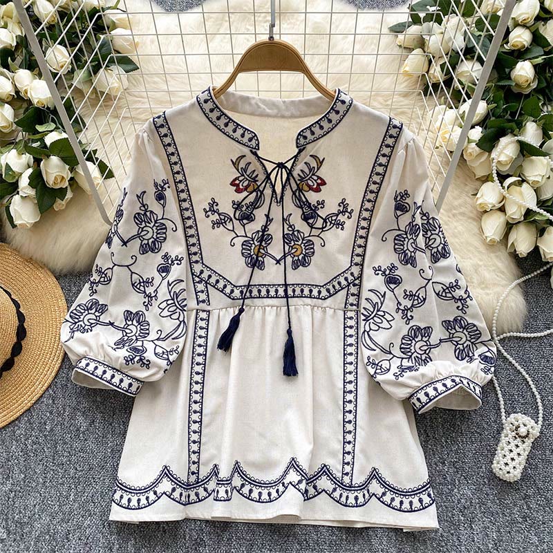 Olivenorma Boho Holiday Embroidery Lantern Sleeve Women's Shirt - Apricot - One Size Fits All - image 10