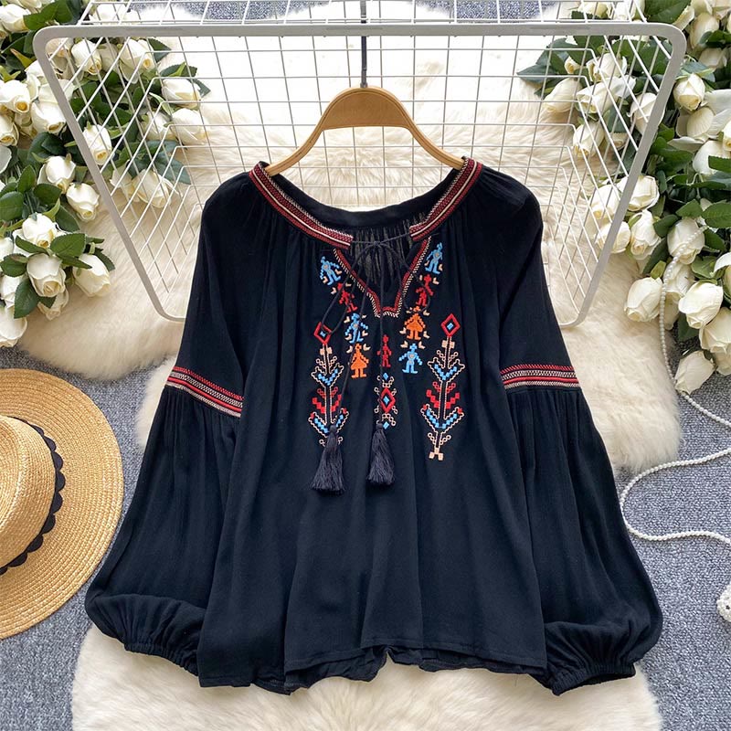 Olivenorma Indian Style Embroidery Lantern Sleeve Women's Shirt - Black - One Size Fits All - image 4