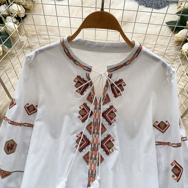 Olivenorma Ethnic Style Embroidery Lantern Sleeve Women's Shirt