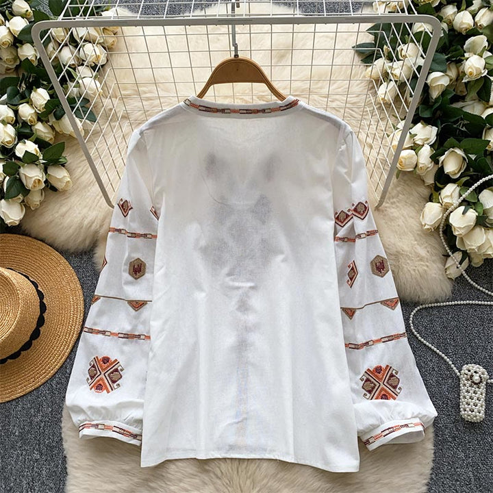 Olivenorma Ethnic Style Embroidery Lantern Sleeve Women's Shirt