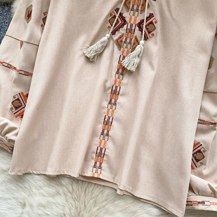 Olivenorma Ethnic Style Embroidery Lantern Sleeve Women's Shirt