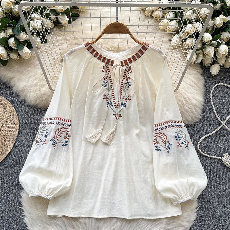 Olivenorma Literary Fresh Retro Embroidery Women's Shirt - Off-White - image 2