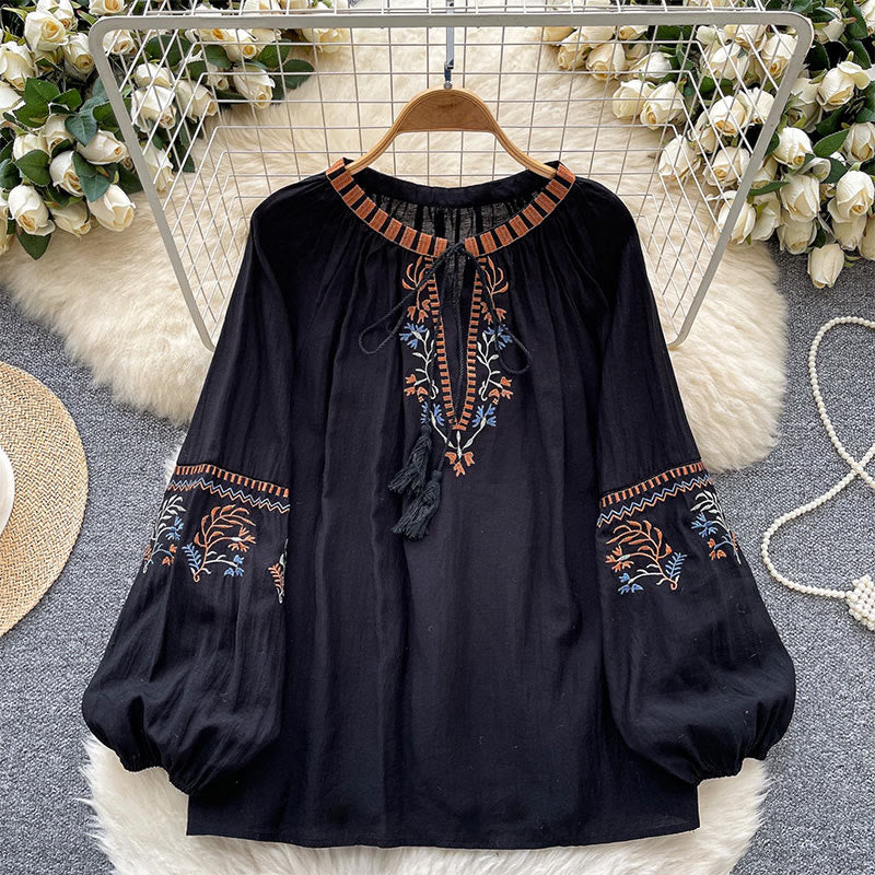 Olivenorma Literary Fresh Retro Embroidery Women's Shirt - Black - image 7