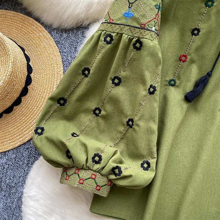 Olivenorma Vintage Flowers Embroidery Lantern Sleeve Women's Shirt - image 2