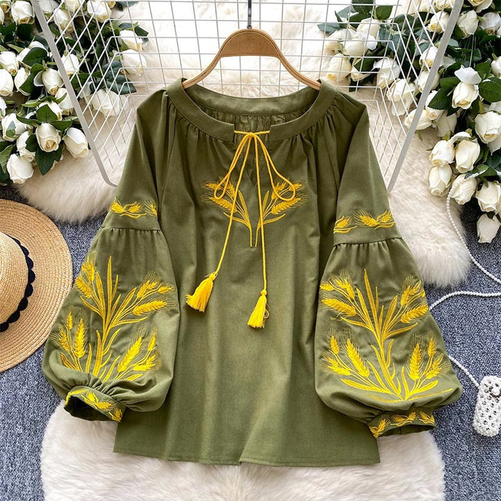 Olivenorma Golden Wheat Ear Embroidery Women's Shirt
