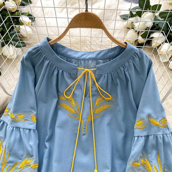 Olivenorma Golden Wheat Ear Embroidery Women's Shirt
