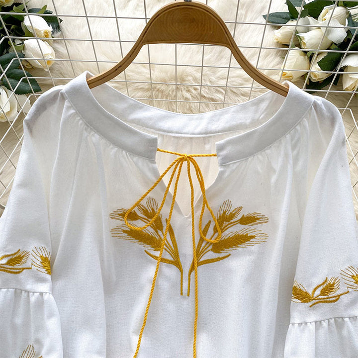 Olivenorma Golden Wheat Ear Embroidery Women's Shirt