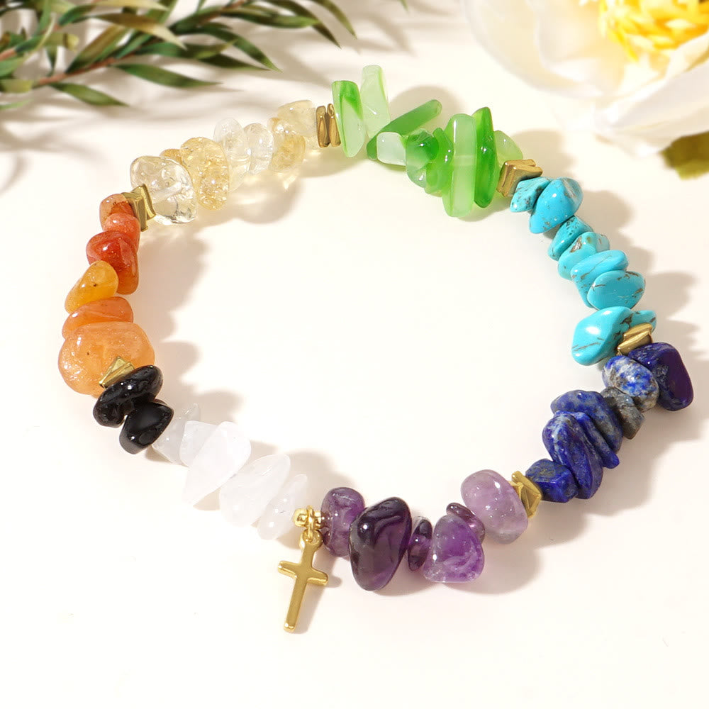 Olivenorma Healing Crystal Rainbow Gravel Cross Stretch Bracelet - Cross Bracelet - image 2