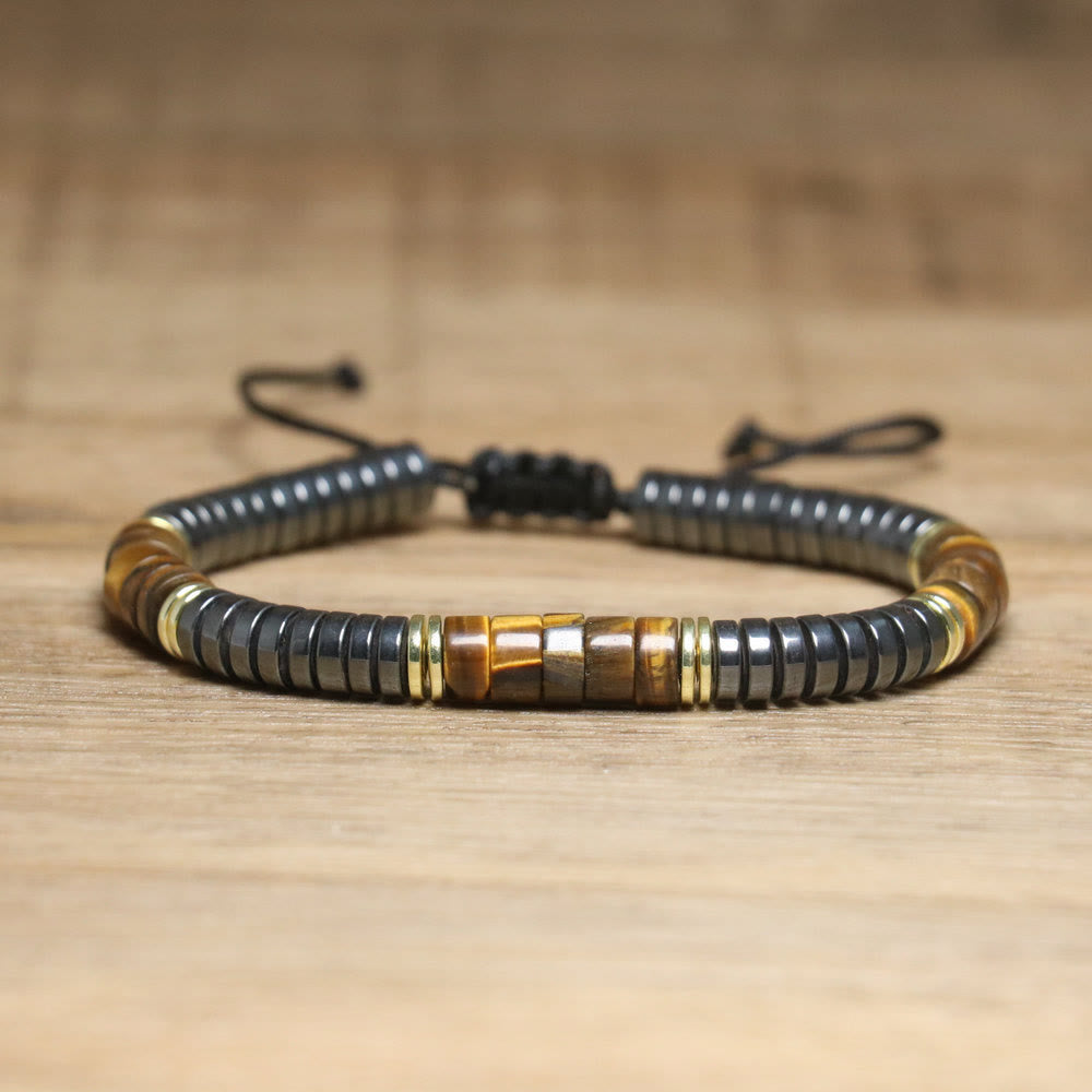 Olivenorma Nautral Crystal Adjustable Beaded Braided Bracelet - Tiger Eye + Hematite - image 2