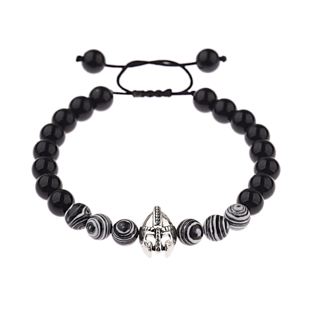 Olivenorma 8mm Adjustable Gemstone Spartan Warrior Helmet Bracelet - Obsidian+Zebra Resin Beads+Silver Helmet - image 24