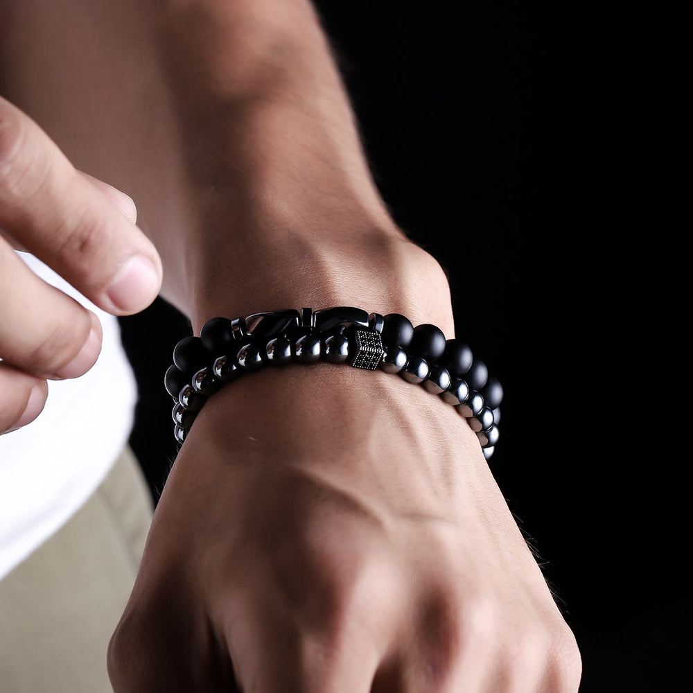 Olivenorma 2Pcs Mens Hematite Black Onyx Stretch Beaded Bracelet - image 2