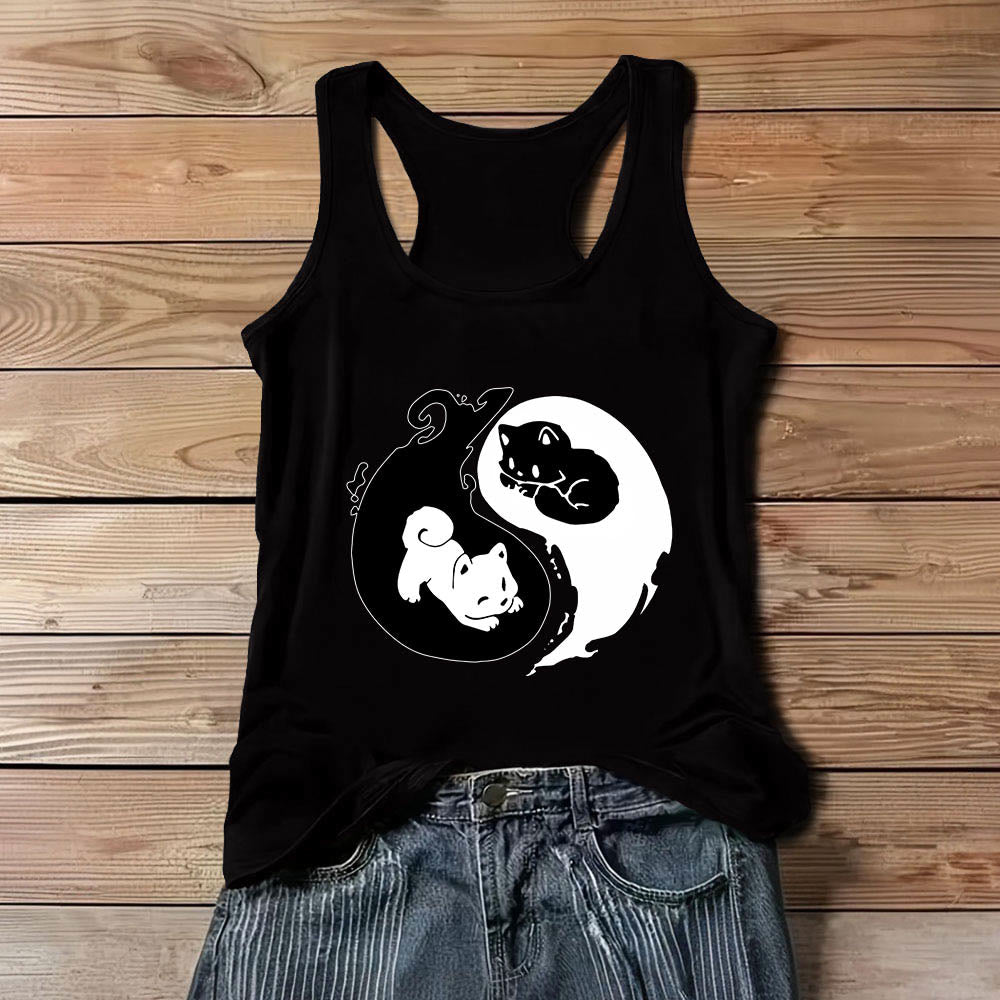 Olivenorma Black & White Yin-Yang Cat Philosophy Tank Top Shirt - Black - 3XL - image 6
