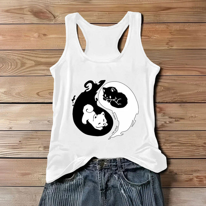 Olivenorma Black & White Yin-Yang Cat Philosophy Tank Top Shirt - White - 3XL - image 4