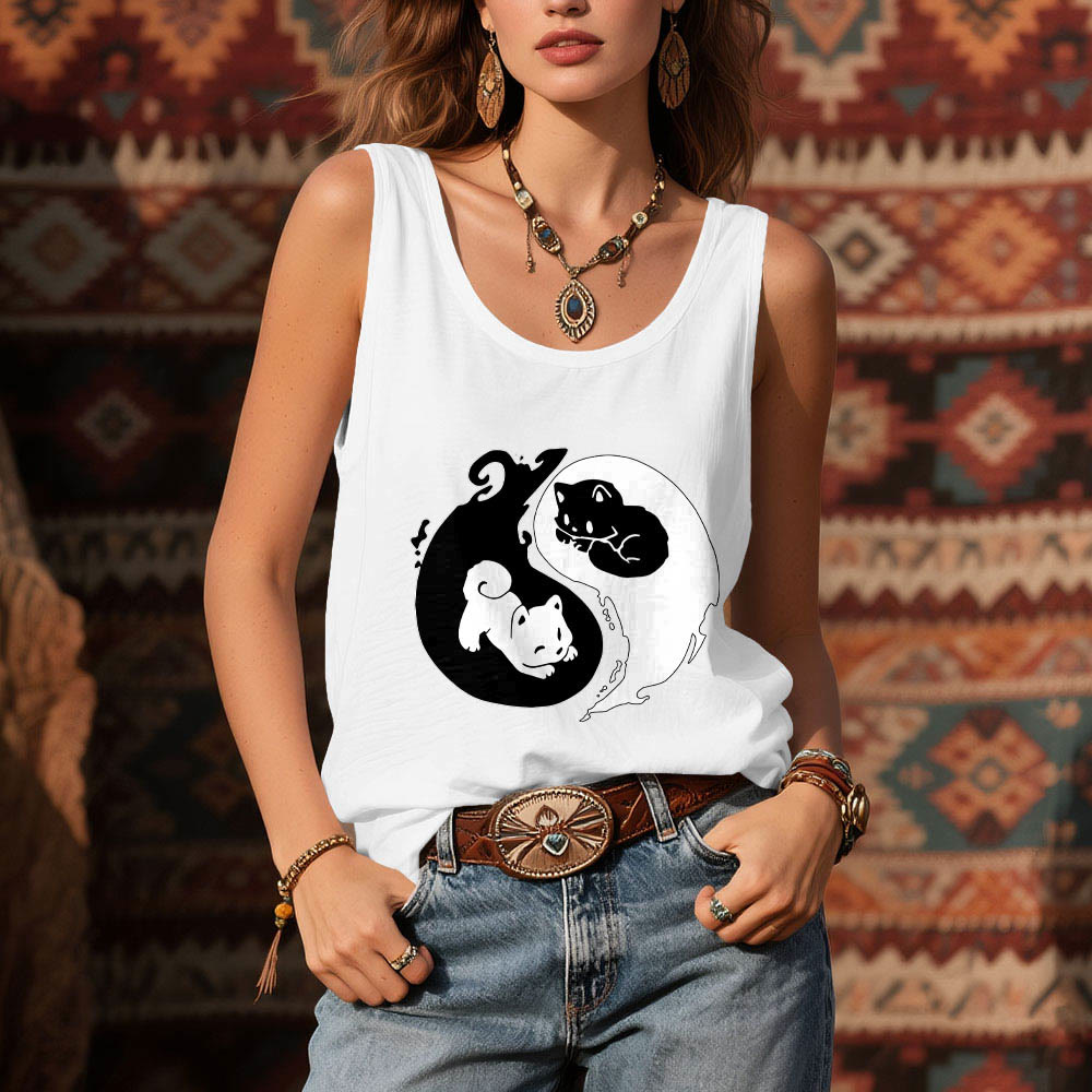 Olivenorma Black & White Yin-Yang Cat Philosophy Tank Top Shirt - image 5