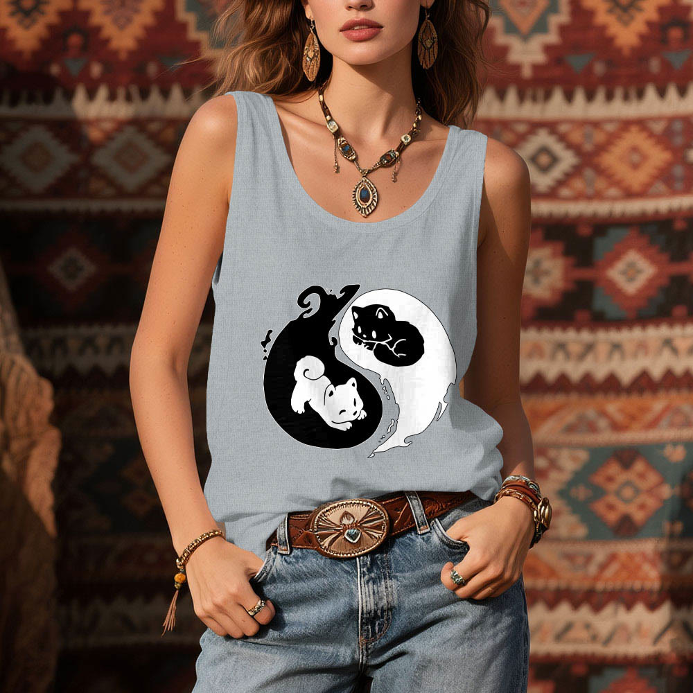 Olivenorma Black & White Yin-Yang Cat Philosophy Tank Top Shirt - image 1