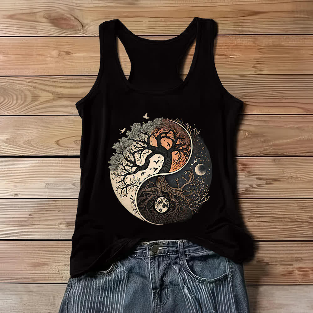 Olivenorma Yin Yang Tree Print Sleeveless Tank Top - Black - 3XL - image 0