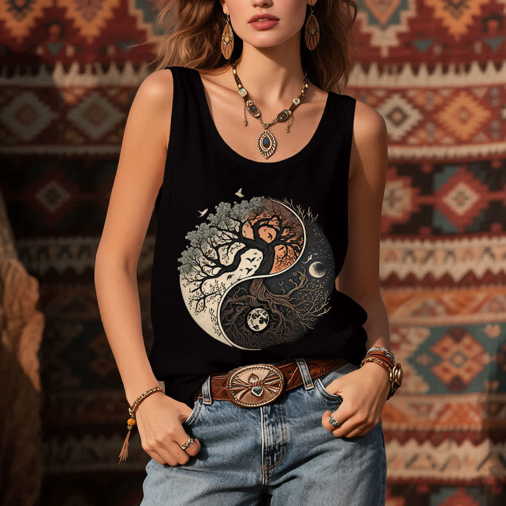 Olivenorma Yin Yang Tree Print Sleeveless Tank Top - image 1