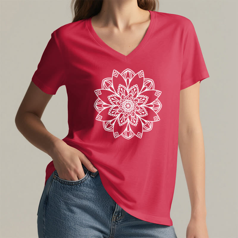 Olivenorma Mandala Floral Tee V-Neck Regular Fit Lotus Spiritual T-Shirt - image 28