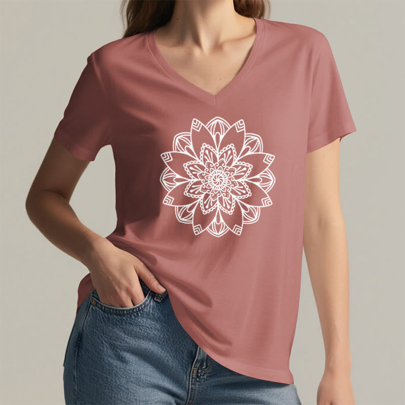 Olivenorma Mandala Floral Tee V-Neck Regular Fit Lotus Spiritual T-Shirt - image 2