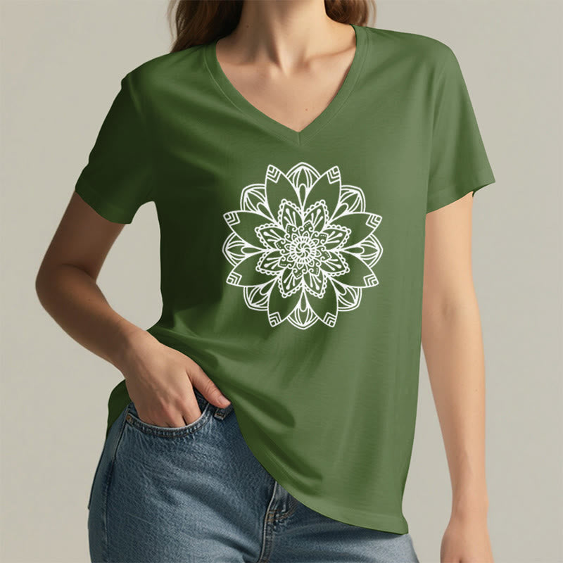Olivenorma Mandala Floral Tee V-Neck Regular Fit Lotus Spiritual T-Shirt - image 26