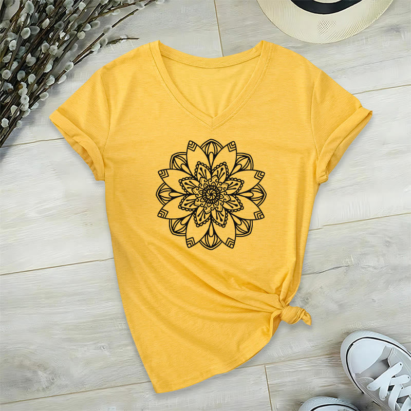 Olivenorma Mandala Floral Tee V-Neck Regular Fit Lotus Spiritual T-Shirt - Yellow - 2XL - image 13