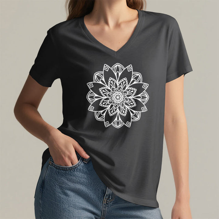 Olivenorma Mandala Floral Tee V-Neck Regular Fit Lotus Spiritual T-Shirt - image 24