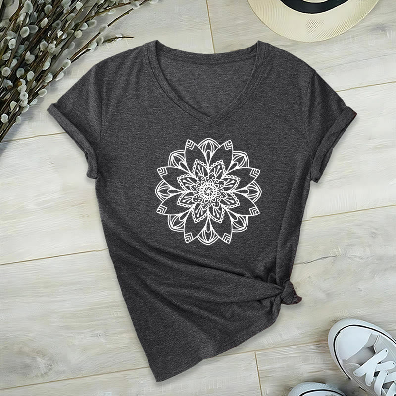 Olivenorma Mandala Floral Tee V-Neck Regular Fit Lotus Spiritual T-Shirt - Grey - 2XL - image 23