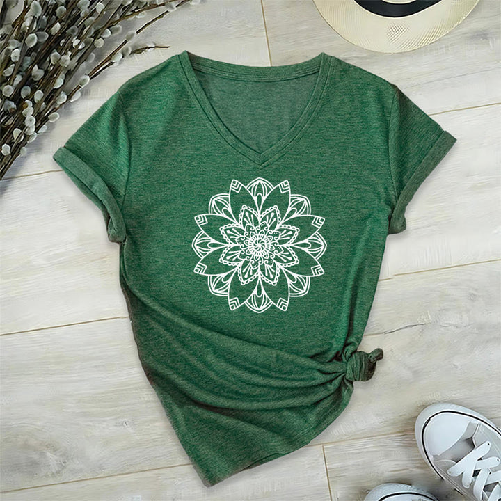 Olivenorma Mandala Floral Tee V-Neck Regular Fit Lotus Spiritual T-Shirt - Green - 2XL - image 17