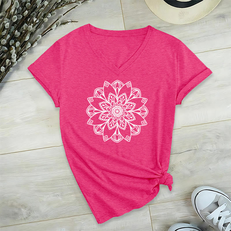 Olivenorma Mandala Floral Tee V-Neck Regular Fit Lotus Spiritual T-Shirt - HotPink - 2XL - image 29