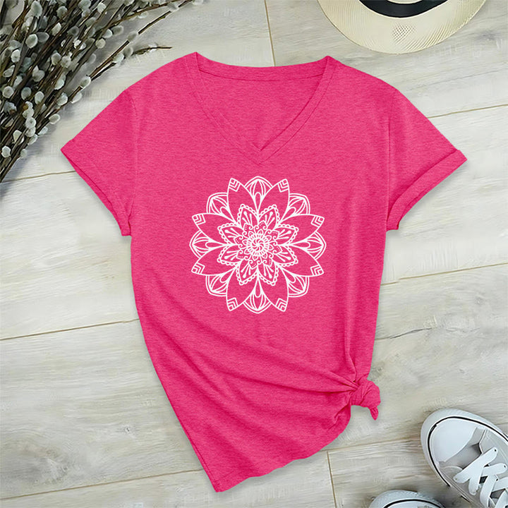 Olivenorma Mandala Floral Tee V-Neck Regular Fit Lotus Spiritual T-Shirt - HotPink - 2XL - image 29